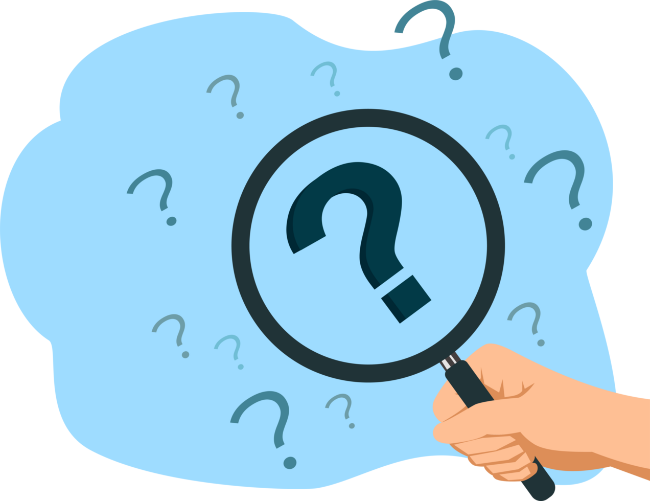 Hand holding magnifier. Magnifier And Question Mark. Searching. Problem analysis concept. Finding solutions. Problem solving. Analyzing png