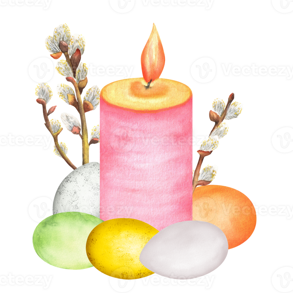 A large pink candle tied with a string and pussy-willow twig. Colorful Easter eggs. Clipart. Hand-drawn watercolor illustration png