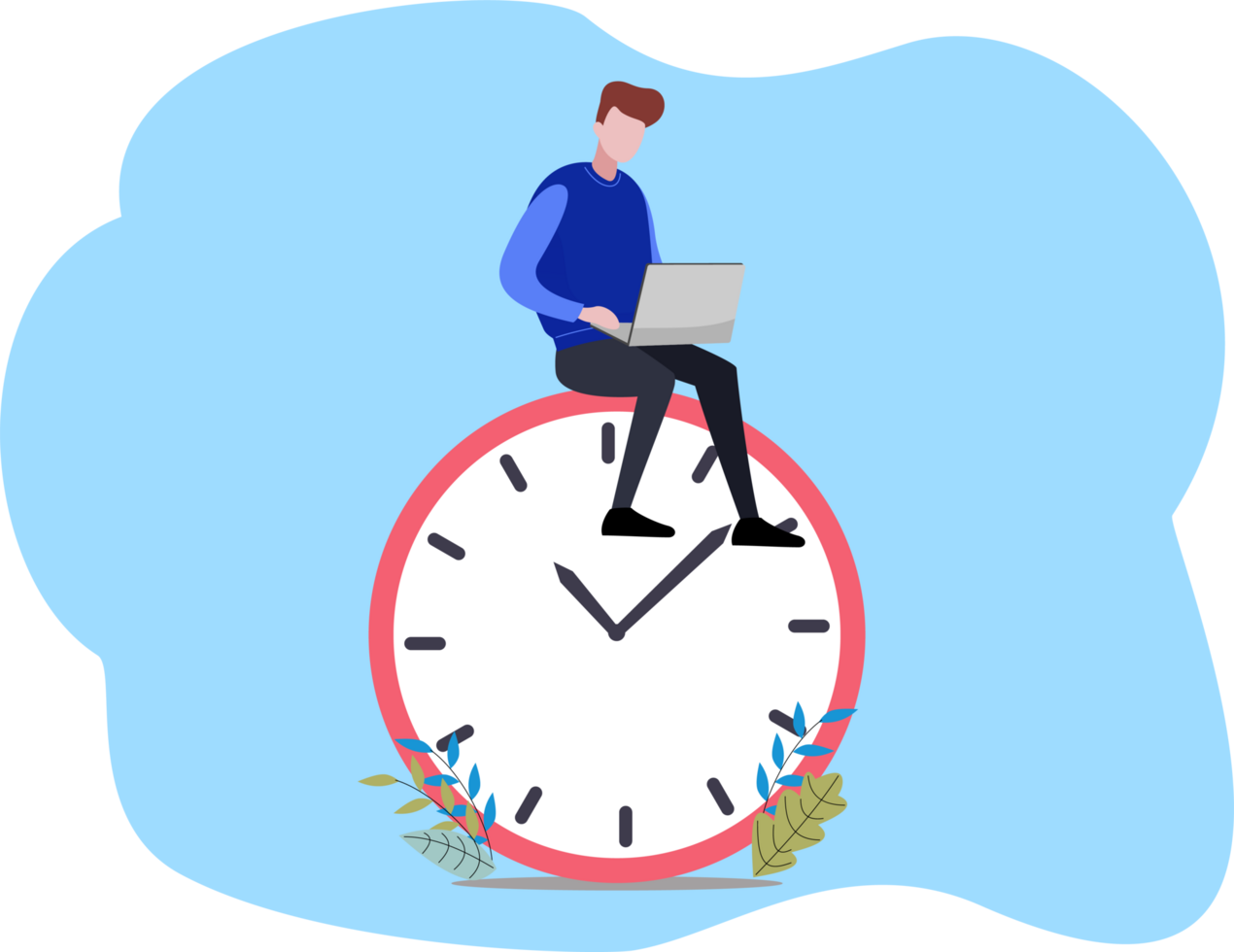 Man sitting on a clock and holding a laptop. Time management and productivity concept. Busy man working png