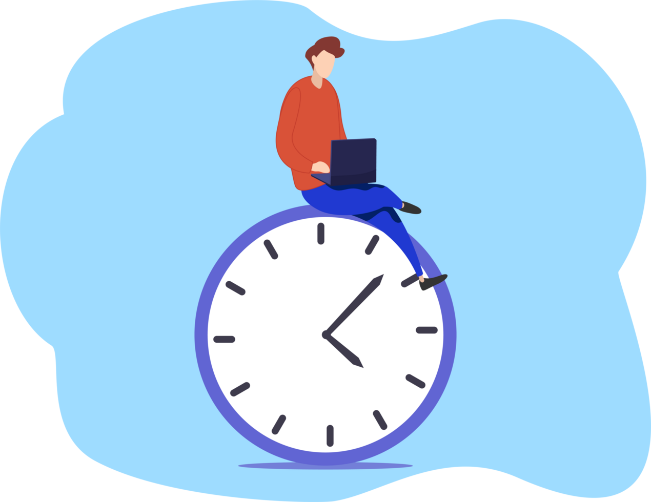 Time management concept. Man with office laptop report and clock png