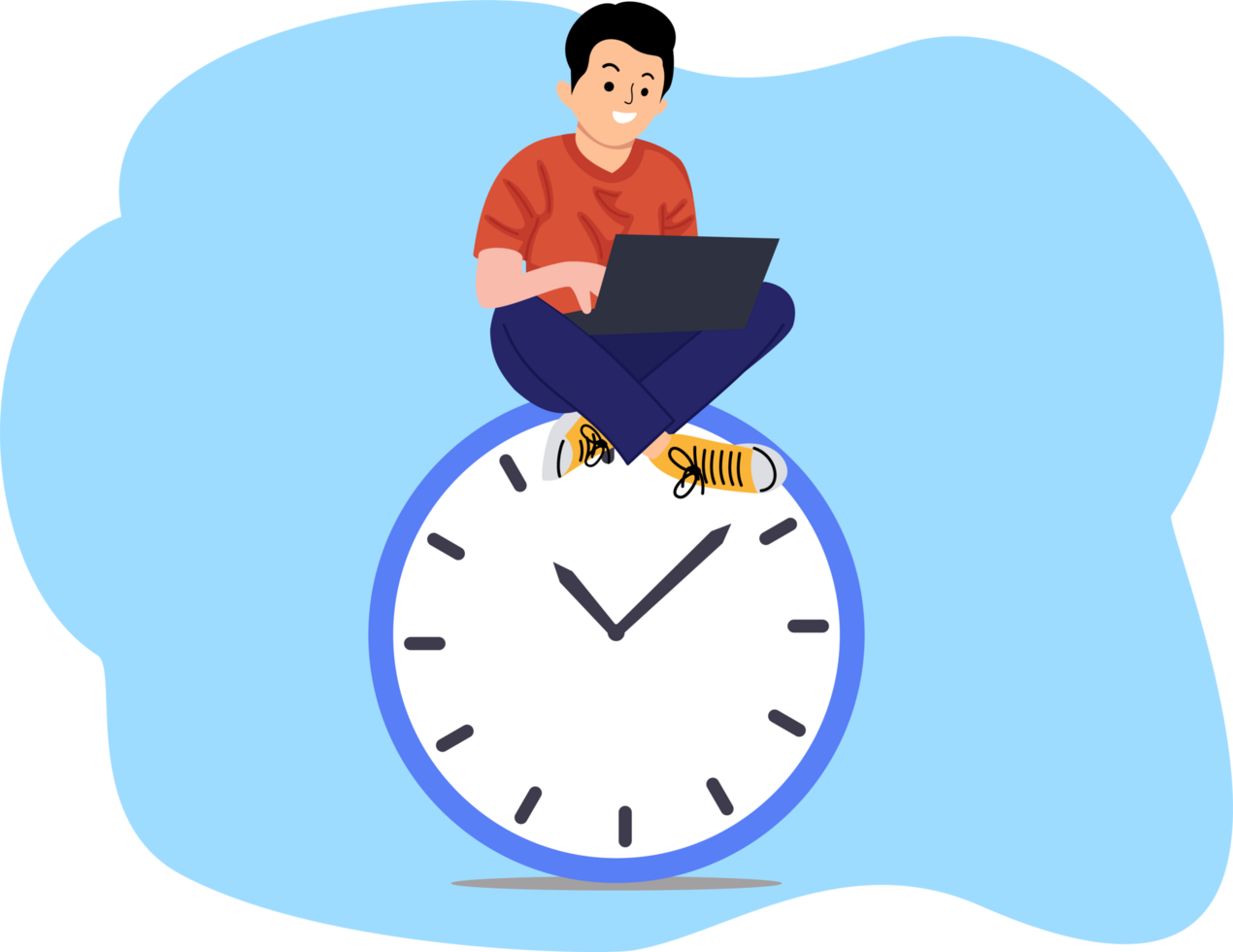 Productivity concept. Productivity and project management. Man sitting on clock. Time management concept. Man with laptop report and clock png