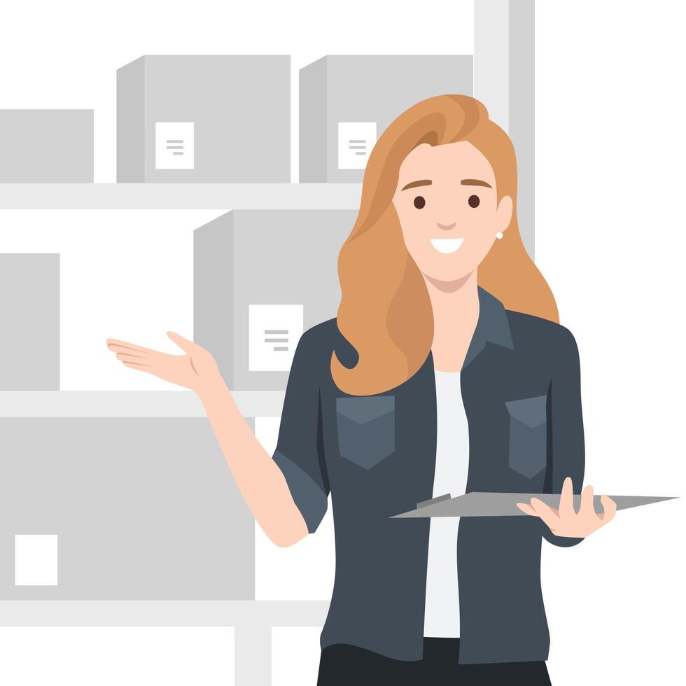 Organized Warehouse Supervisor. Woman with a clipboard, gesturing towards boxes on shelves. vector