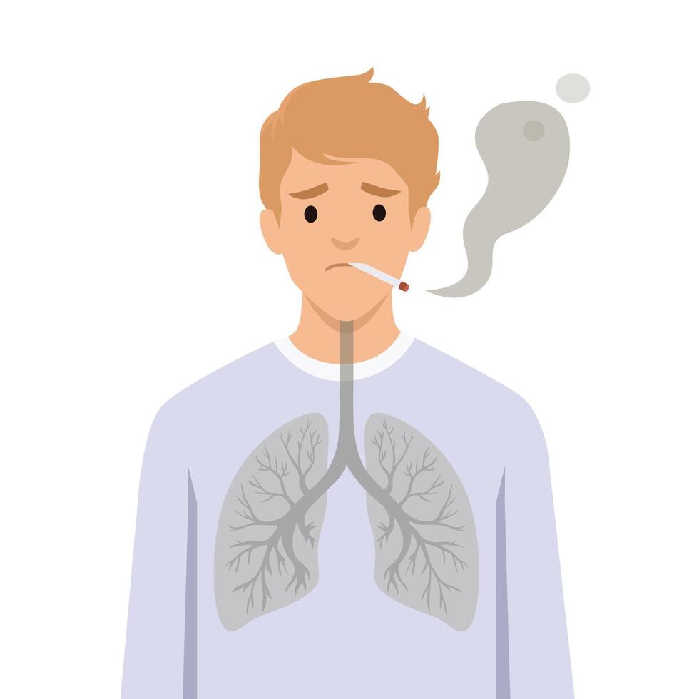 The Harmful Effects of Smoking. Man smoking a cigarette with darkened lungs. vector