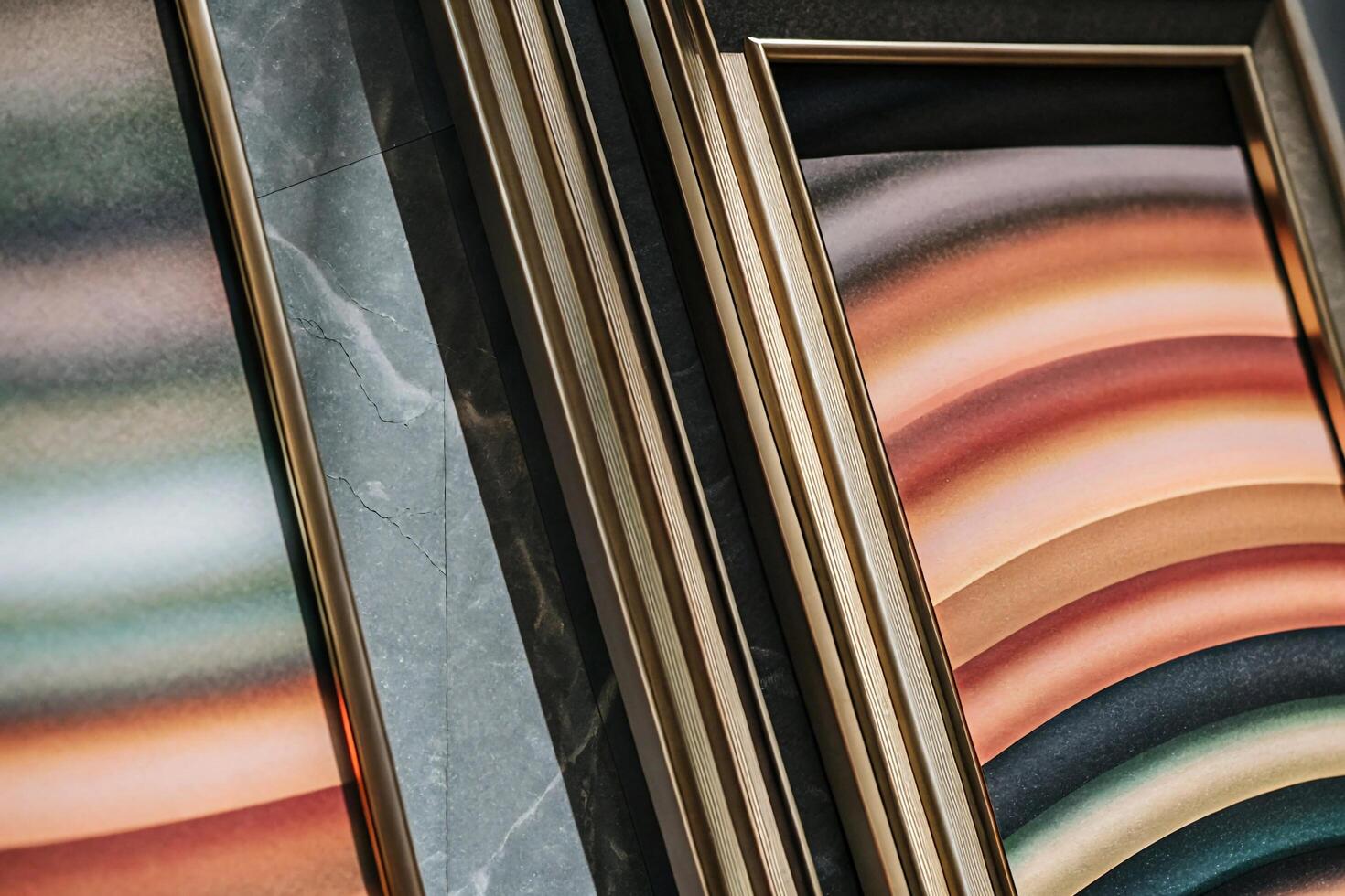 Abstract Art Prints, Gold Frames, Modern Gallery, Marble Wall, Elegant Decor photo