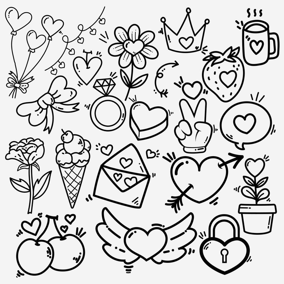Hand drawn a set of of cute Valentine day doodle elements isolated on white background fashion elements for kids. vector