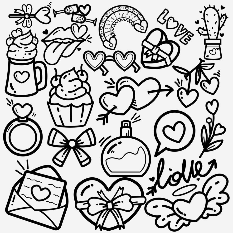 Valentine day doodle line elements isolated on white background fashion elements for kids. vector