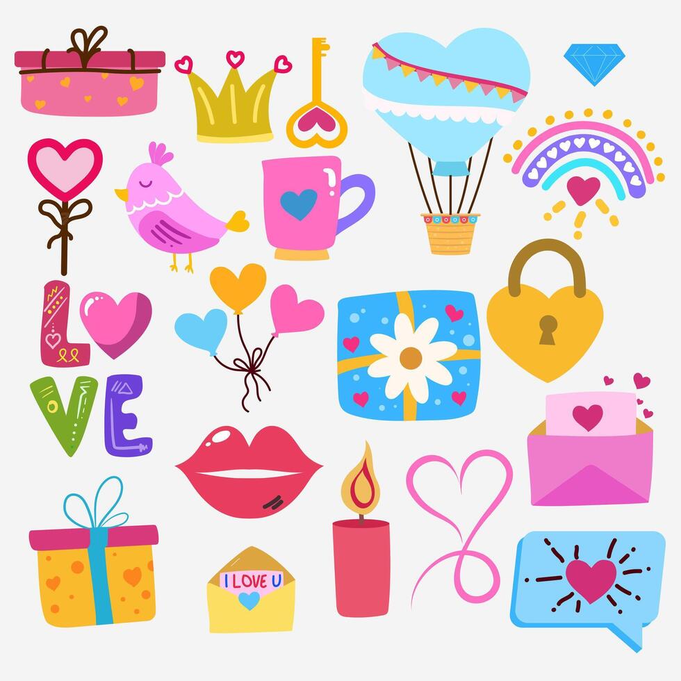 Cute Valentine day doodle elements isolated on white background fashion elements for kids. vector