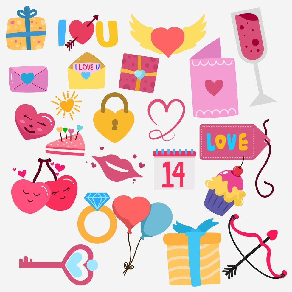 Hand drawn set of of cute Valentine day doodle elements isolated on white background fashion elements for kids. vector