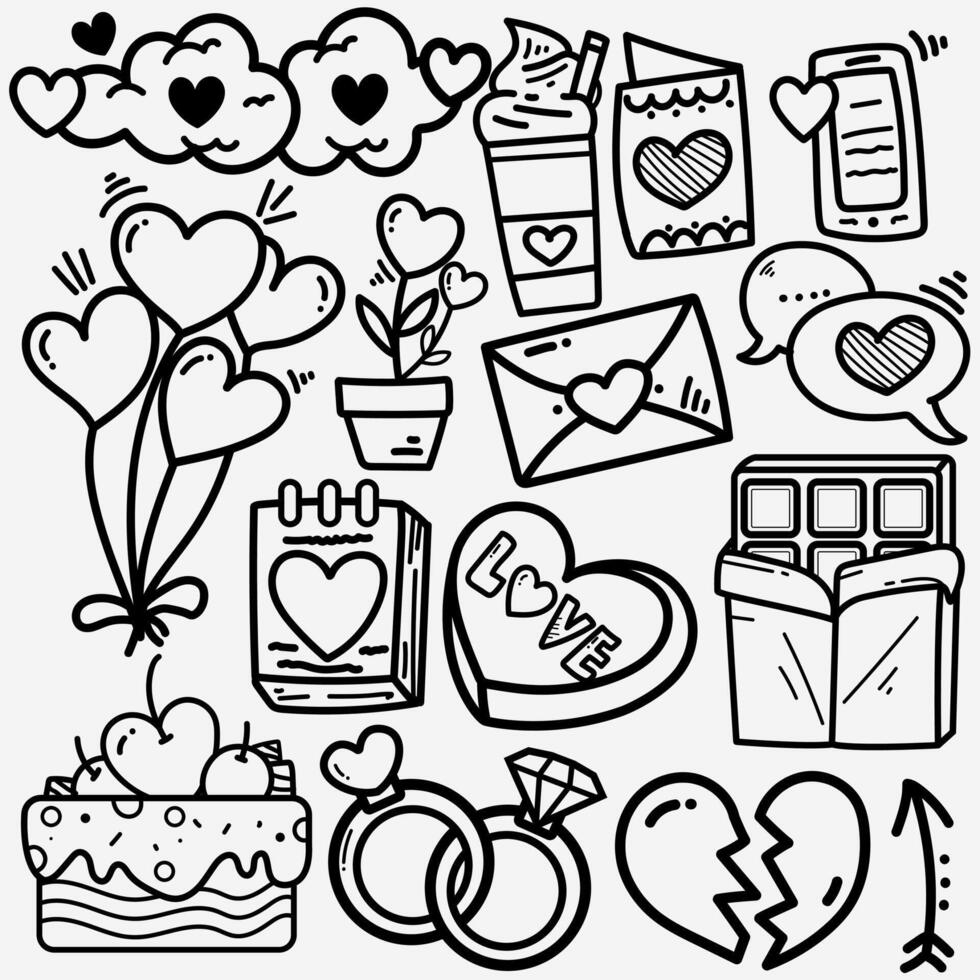 Line a collection set of of cute Valentine day doodle elements isolated on white background fashion elements for kids. vector
