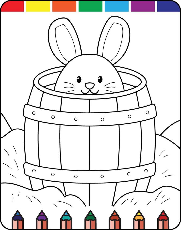 A coloring page with a bunny in a barrel vector