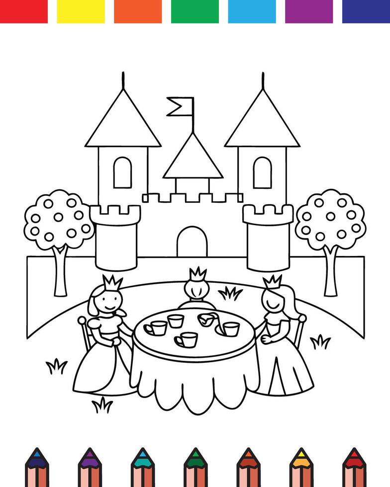 A coloring page with a castle and two princesses vector
