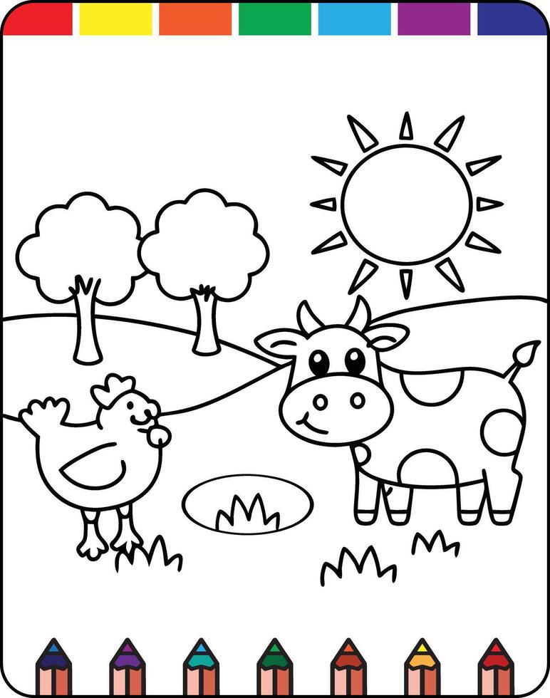 A coloring page with a cow and chicken vector