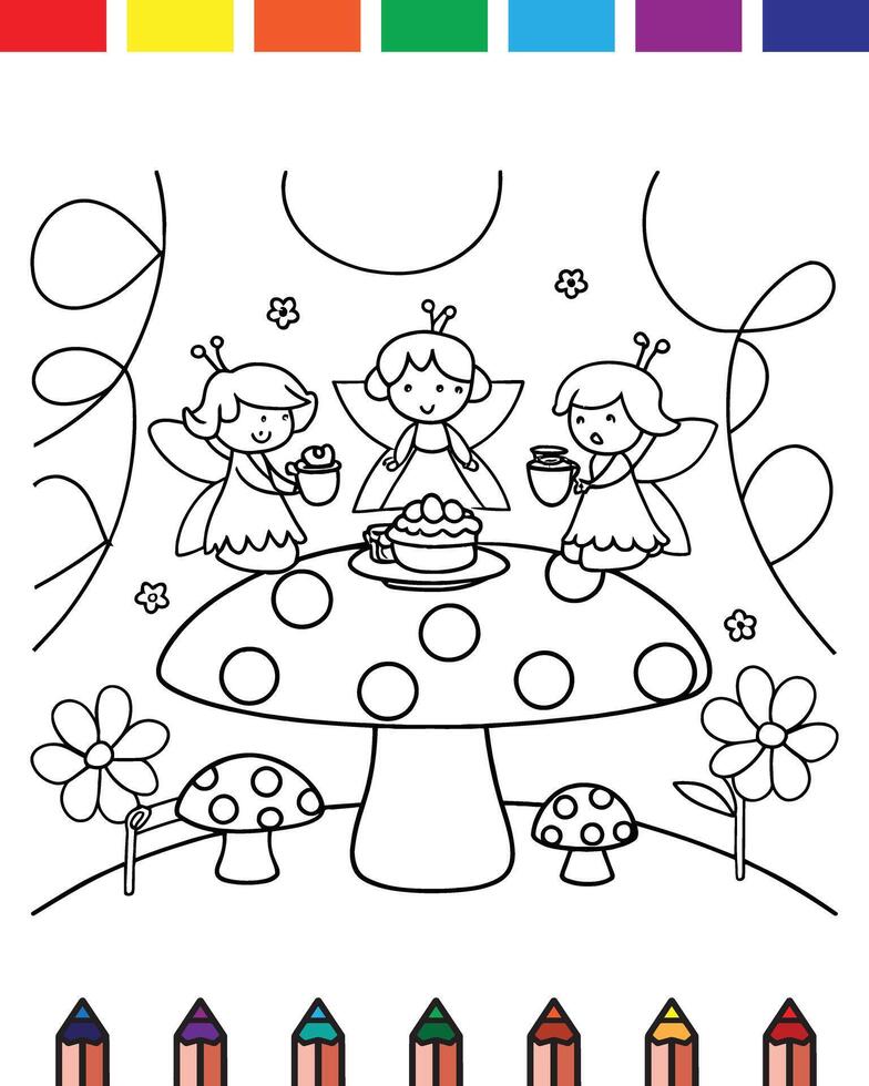 Coloring pages for kids with fairy and mushroom vector