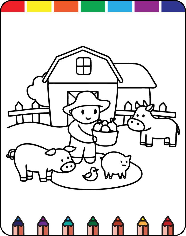 A coloring page with a farm scene vector