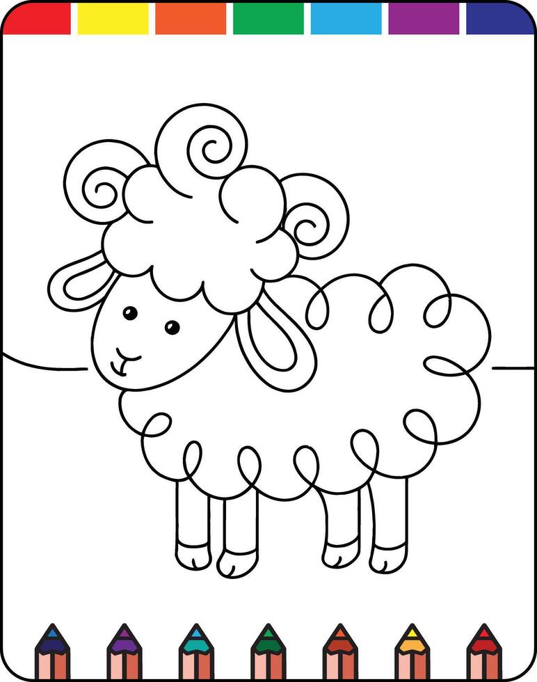 A coloring page with a sheep and a rainbow vector