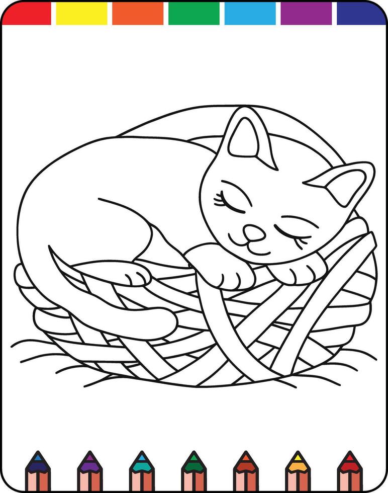 A coloring book with a cat sleeping in a basket vector