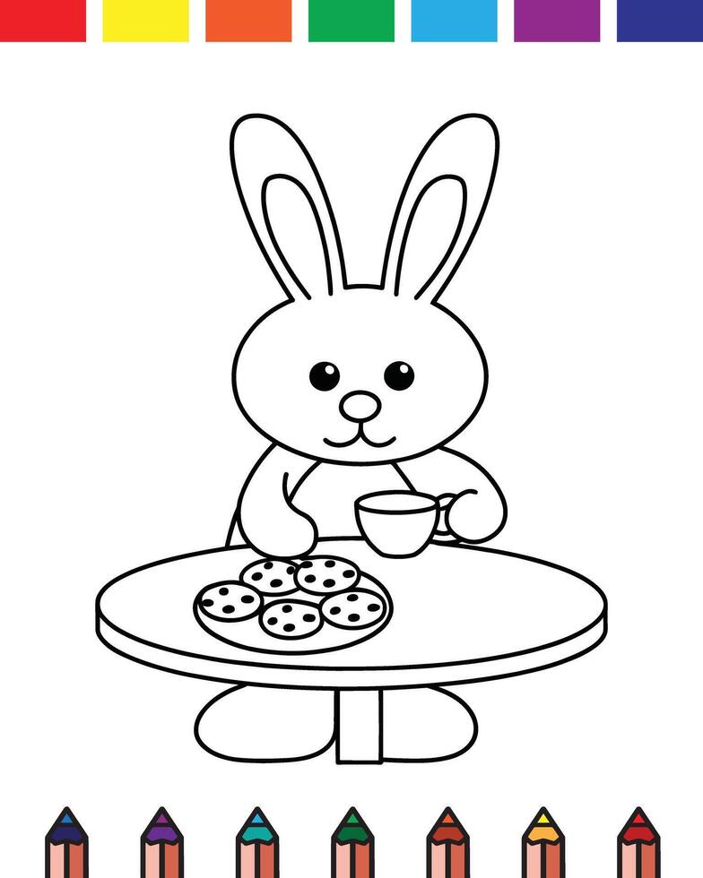 A coloring page with a bunny sitting at a table vector