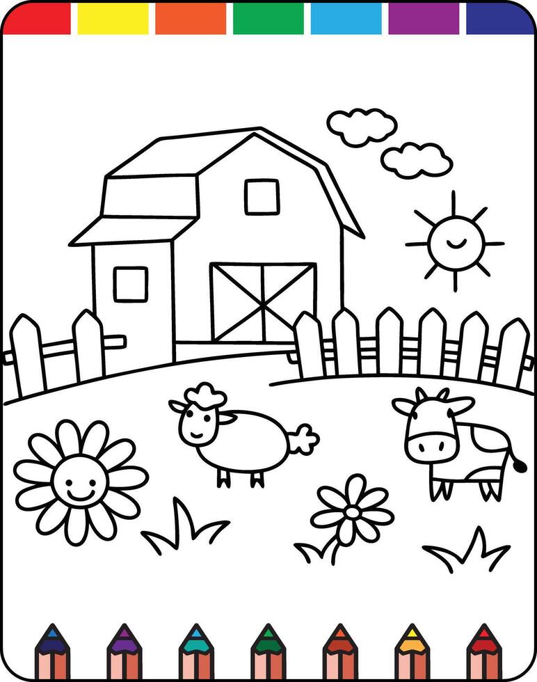 A coloring page with farm animals and a barn vector