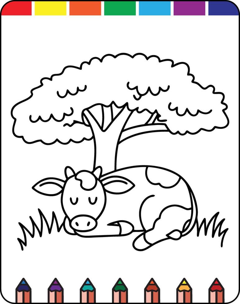 A cow laying down under a tree with a rainbow colored background vector