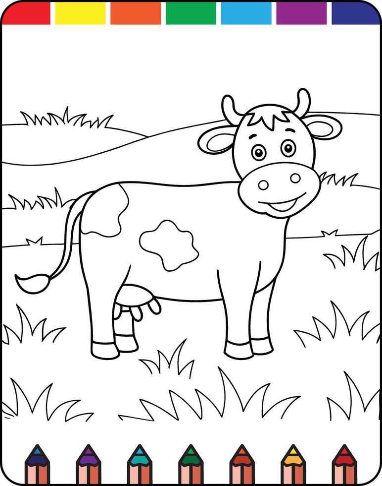 Coloring pages for kids with cow and grass vector