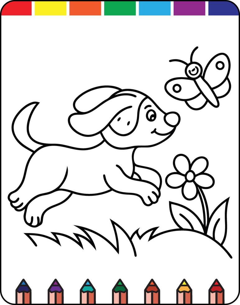 Coloring pages for kids with dog and butterfly vector