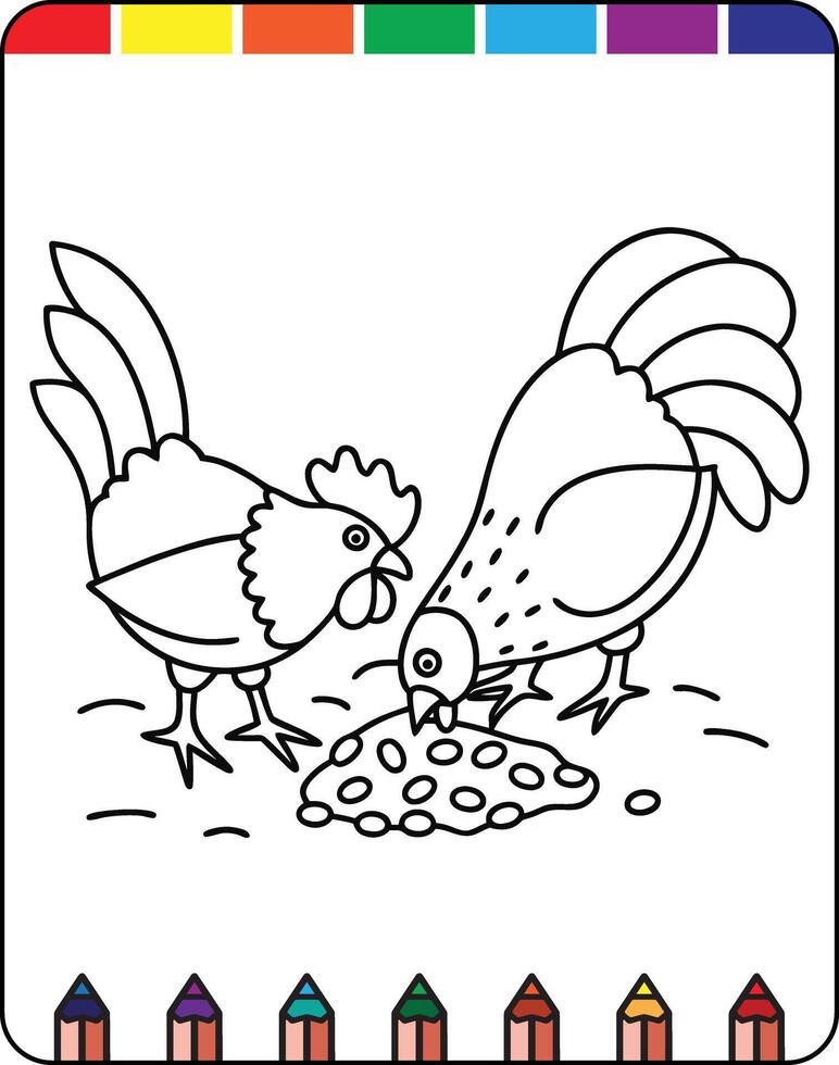 A coloring page with two chickens and eggs vector