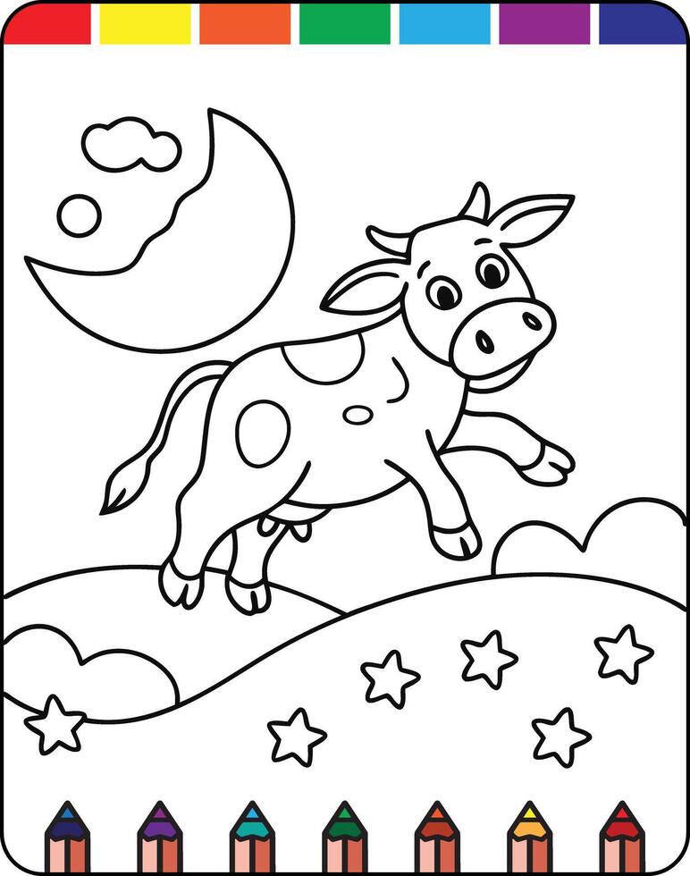A cow coloring page with stars and moon vector