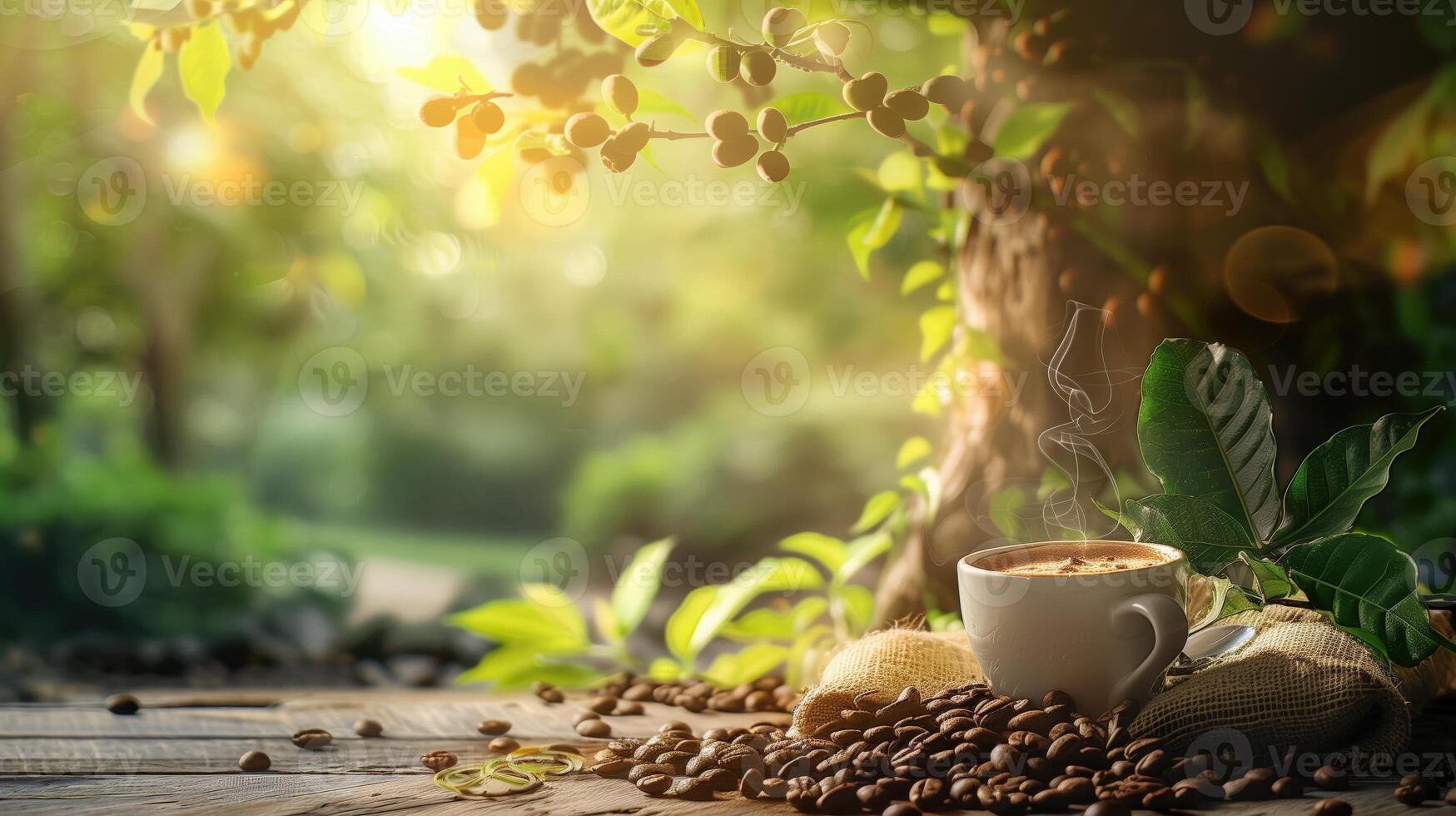 Cup of coffee on a wooden table with fresh coffee beans and a coffee tree in the background photo