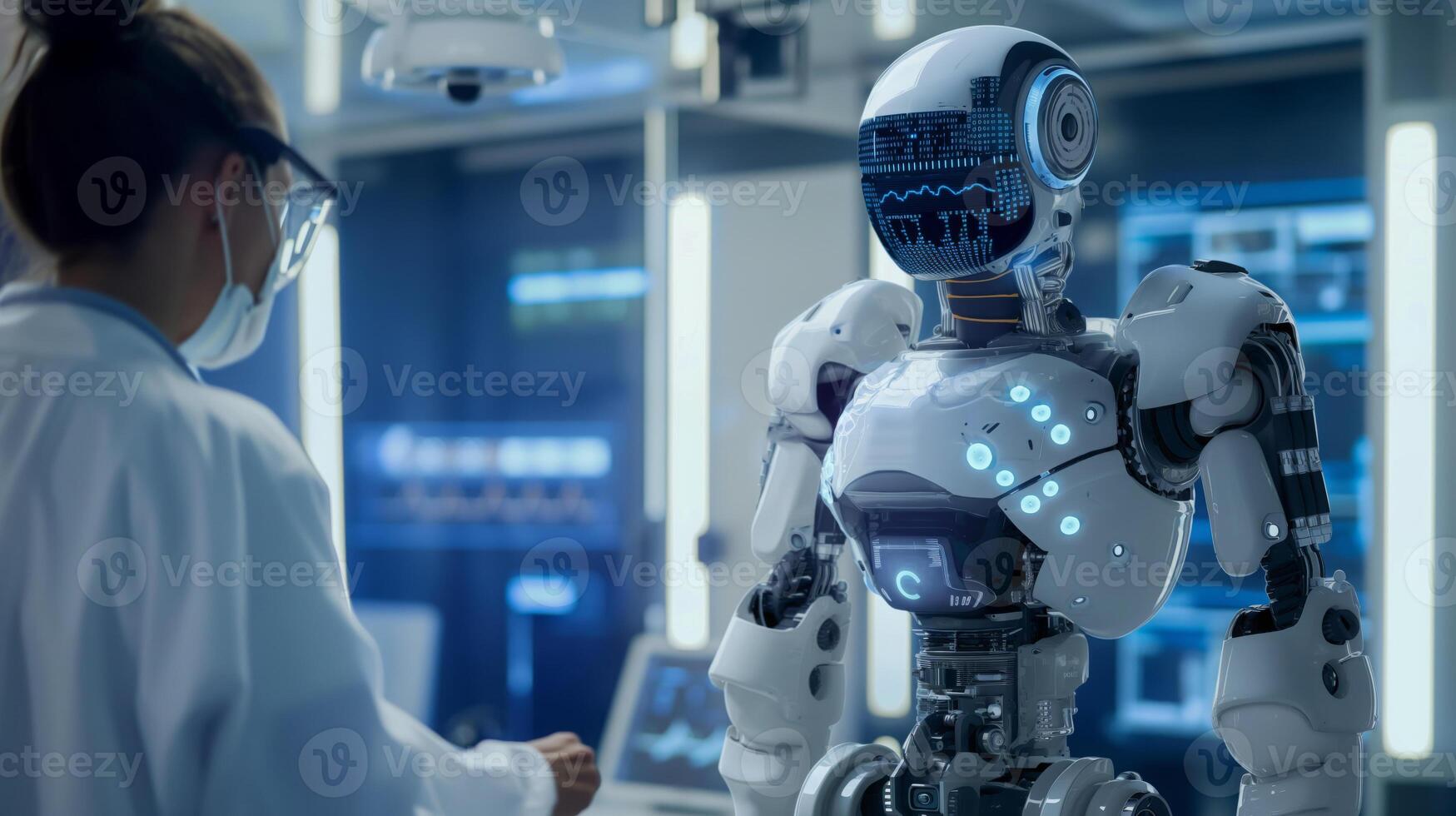 Scientist studies glowing robot in lab, merging human curiosity and innovation. photo