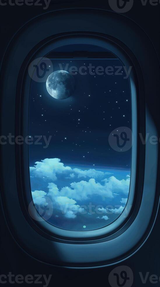 Night sky view through airplane window with moon, stars during flight above Earth photo