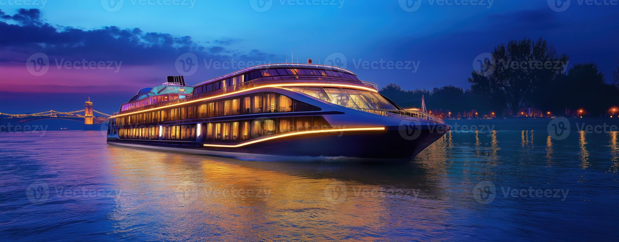 Luxury cruise ship illuminated at dusk, sailing on serene waters. Modern vessel with sleek design photo