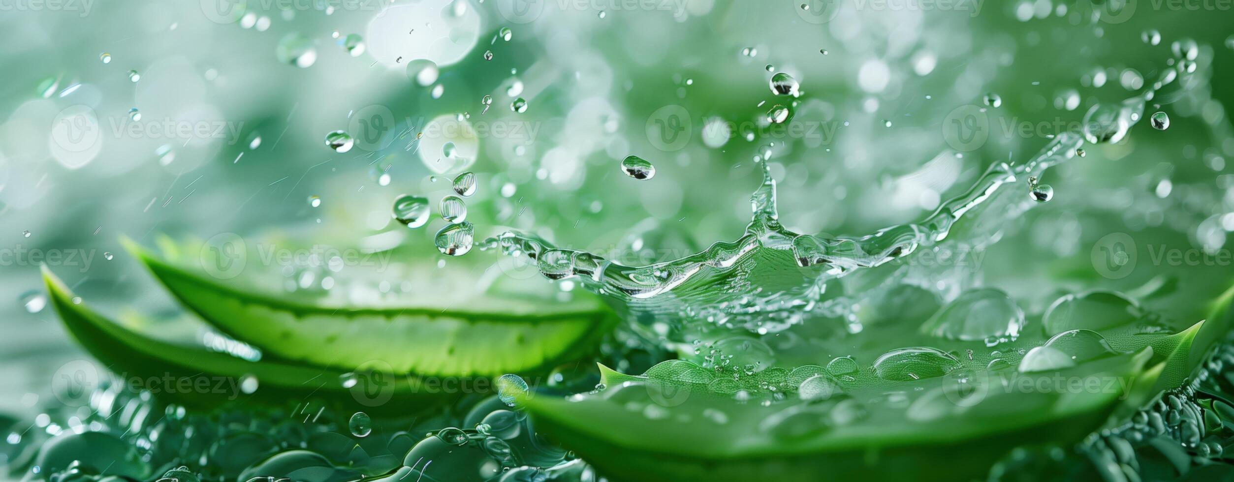 Aloe vera leaf with water droplets splashing into clear water, natural setting for wellness and spa photo