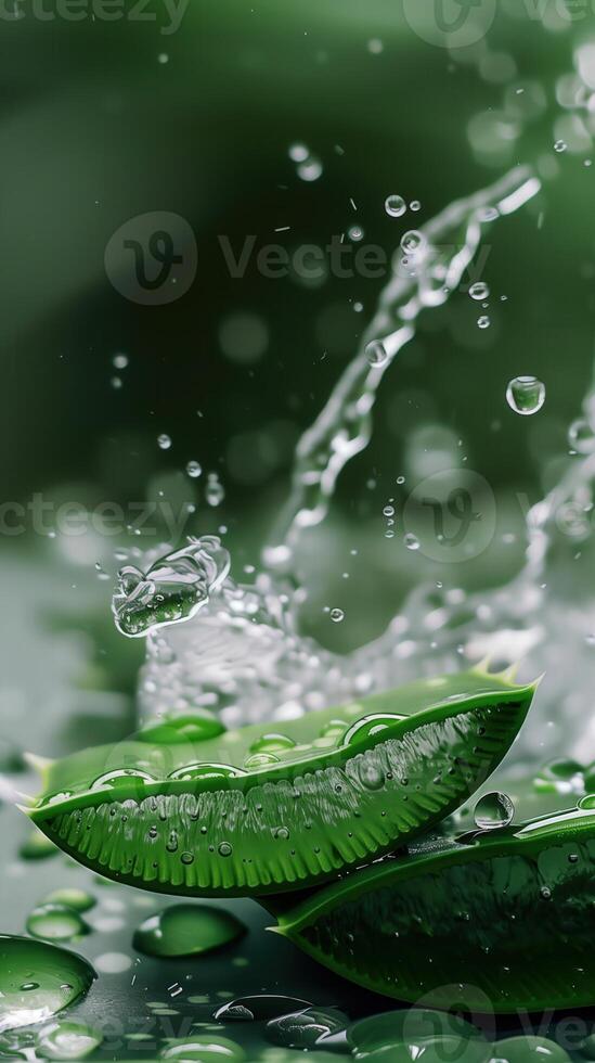 Aloe vera leaf, water droplets splashing into clear water, natural setting for wellness and spa photo