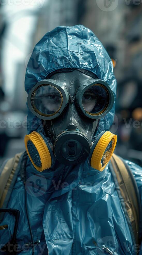 Person in protective hazmat suit and gas mask on city street in a hazardous post-apocalyptic setting photo