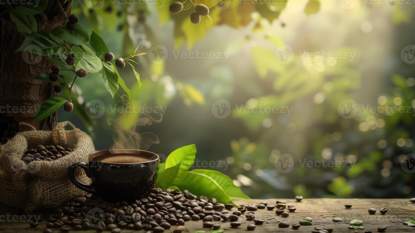 Cup of smoky coffee on a table with fresh coffee beans and a coffee tree in the background photo