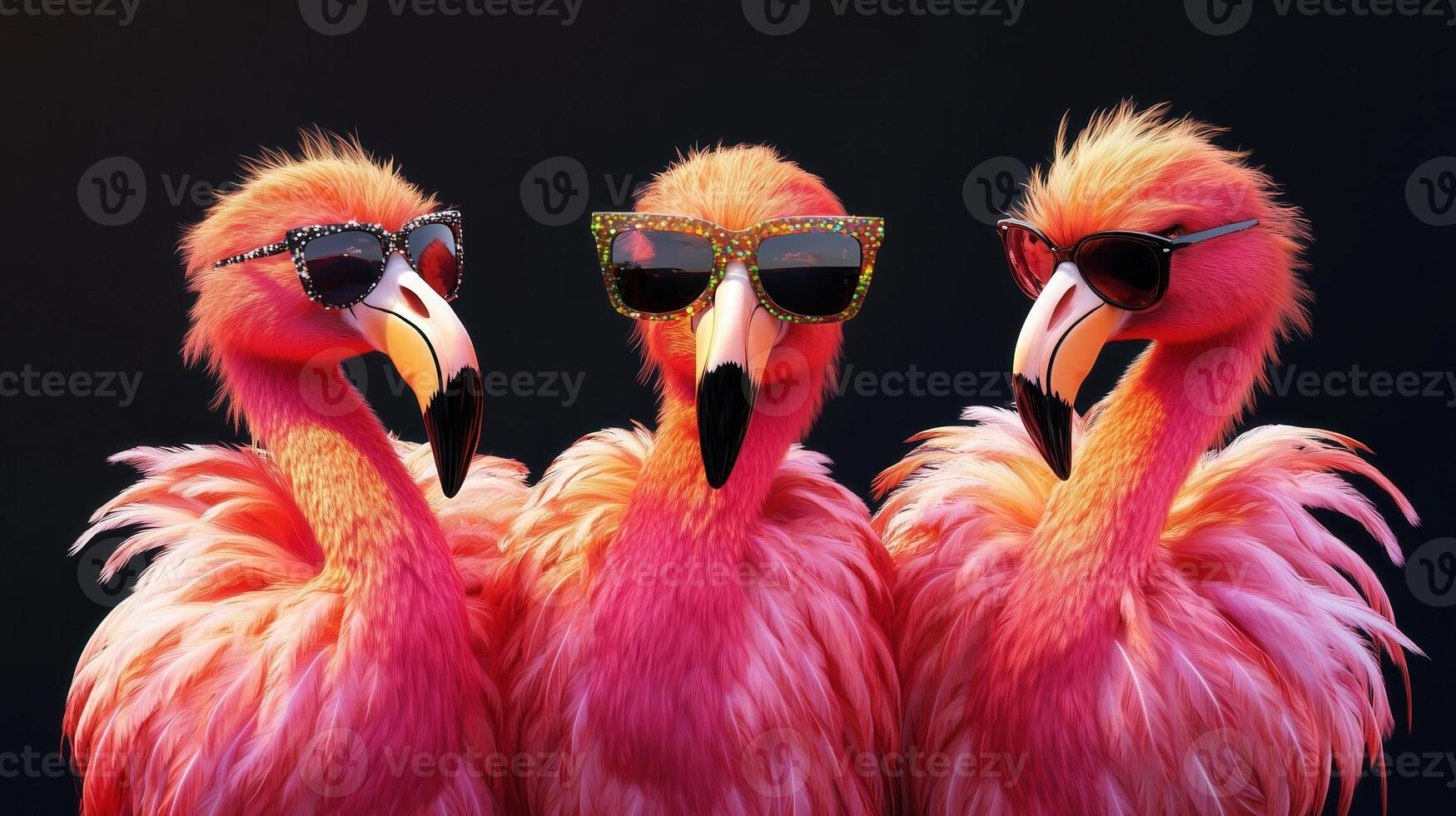 Three pink flamingos wearing sunglasses on a dark background, fun summer party vibe photo