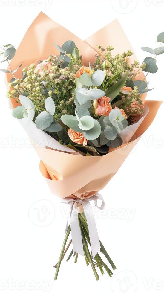Bouquet of roses, eucalyptus, and greenery wrapped in paper for weddings and celebrations photo
