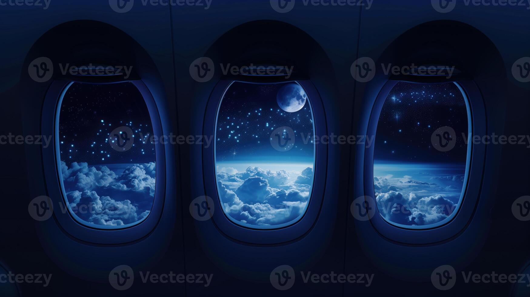 Night sky view through airplane window with moon, stars, and clouds during flight above Earth photo