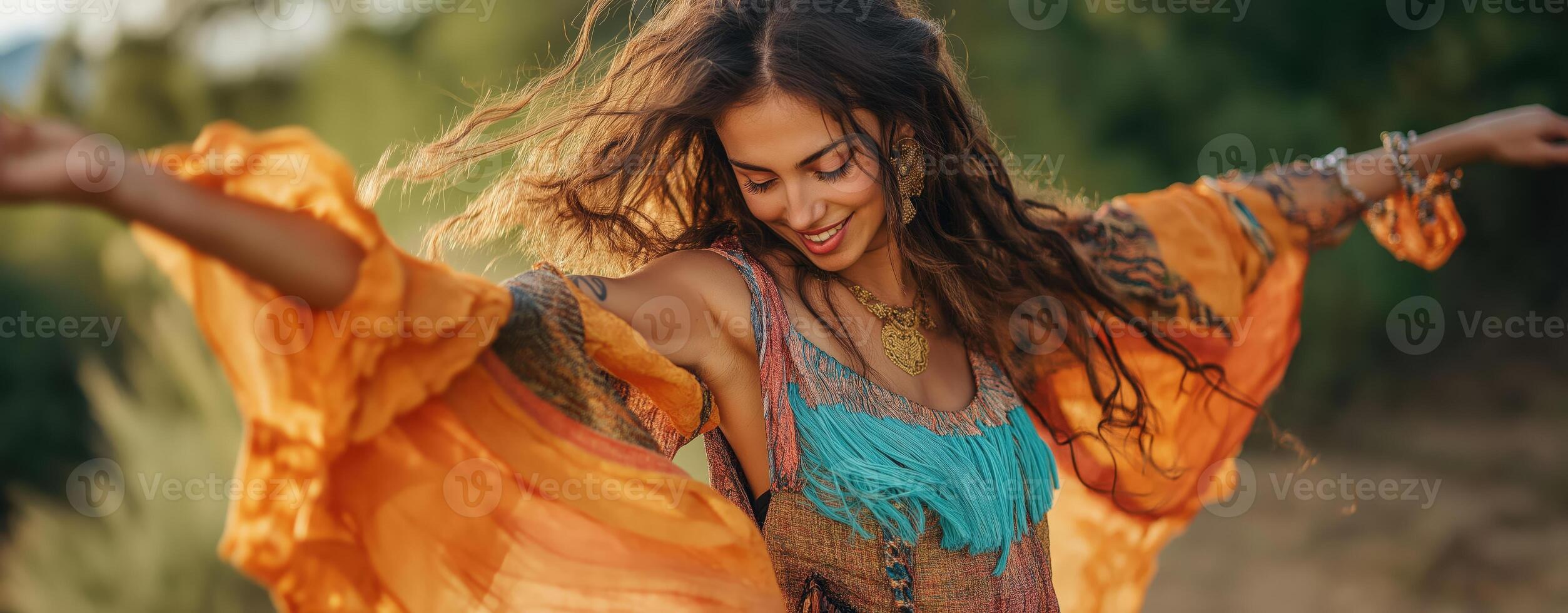 Boho girl dancing outdoors in a vibrant dress with flowing sleeves, nature and warm sunlight photo