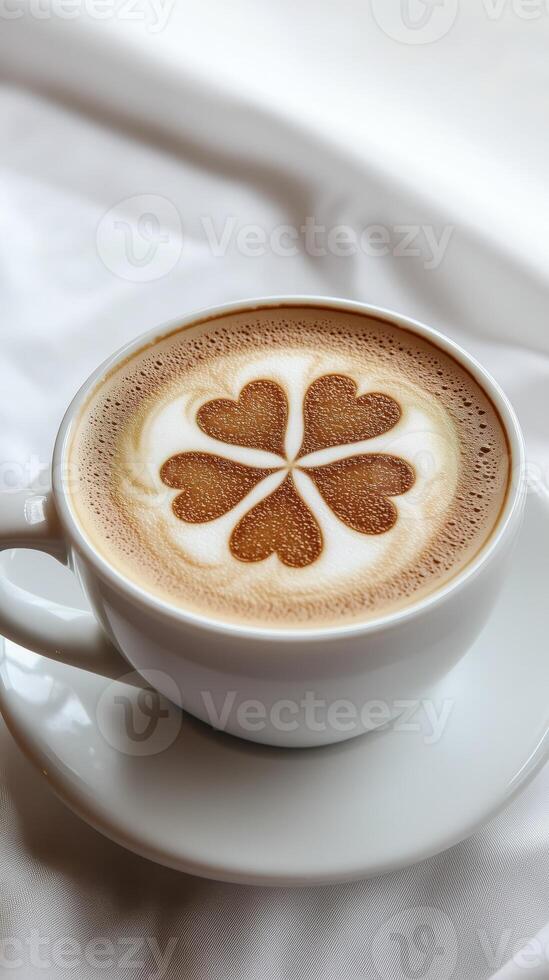 Cup of coffee with leaf clover latte art on white table, good luck and celebrating St. Patrick's Day photo