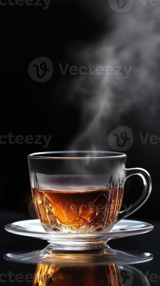 Glass mug of steaming hot tea against a dark background, elegant and warm, with steam rising photo