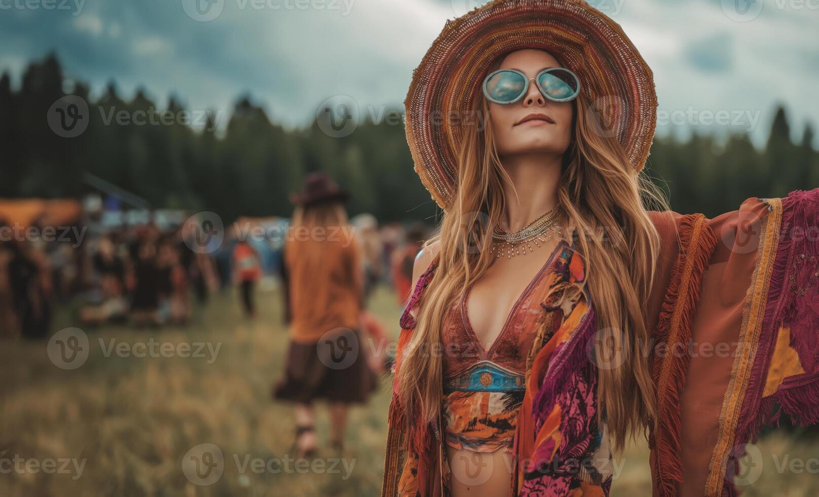 Carefree young woman enjoying outdoor music festival in boho attire with arms outstretched photo
