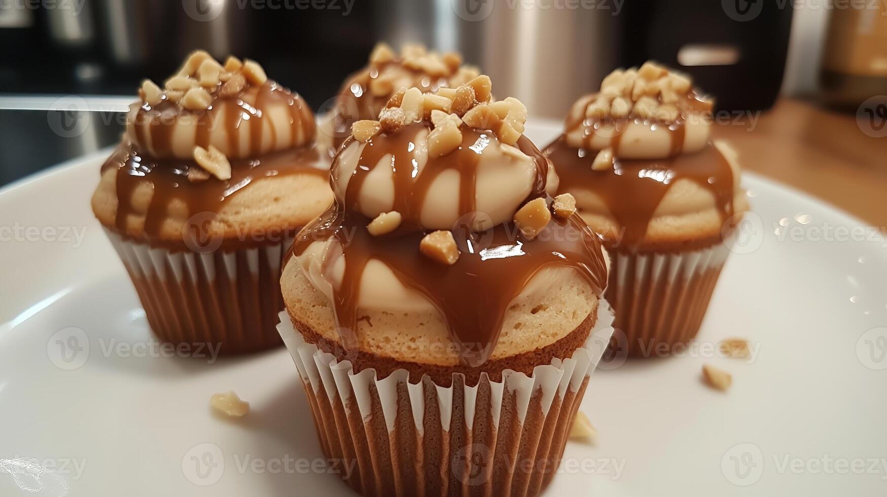 Cupcakes with caramel frosting and chopped nuts on a white plate, rich sweet indulgent treat photo