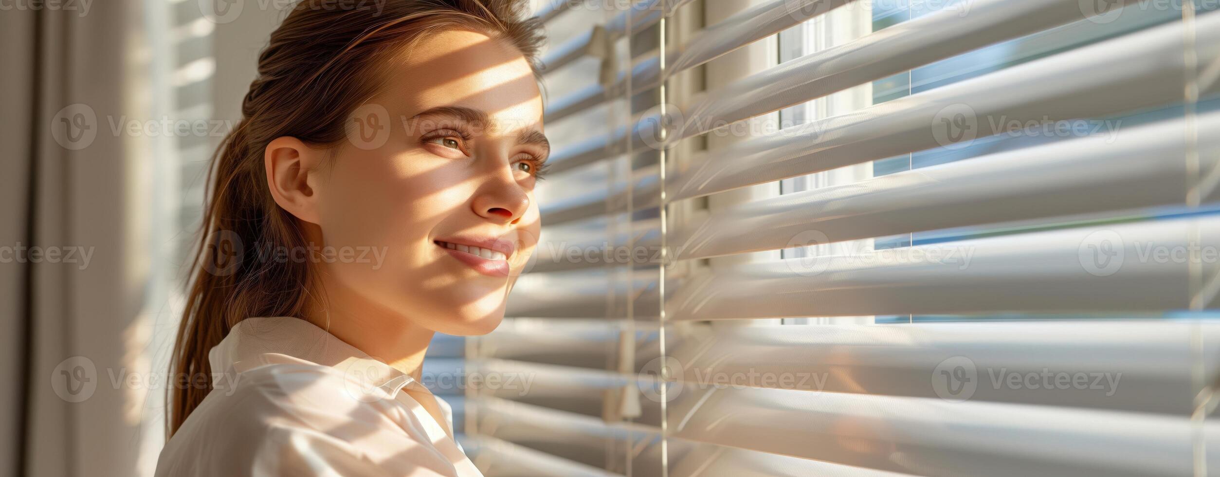 Woman smiling and looking through window blinds. Woman separating slats of blinds indoors, closeup. photo