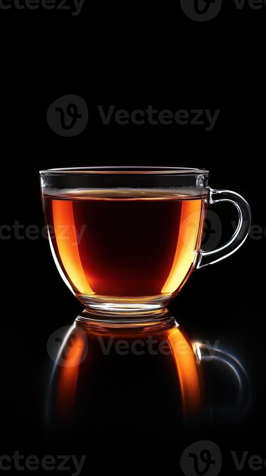 Glass cup filled with hot tea against a black background, transparency mug and rich color photo