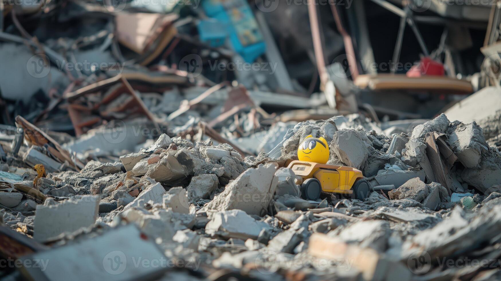 Child toy lies among rubble and debris of a collapsed building, symbolizing destruction and loss photo
