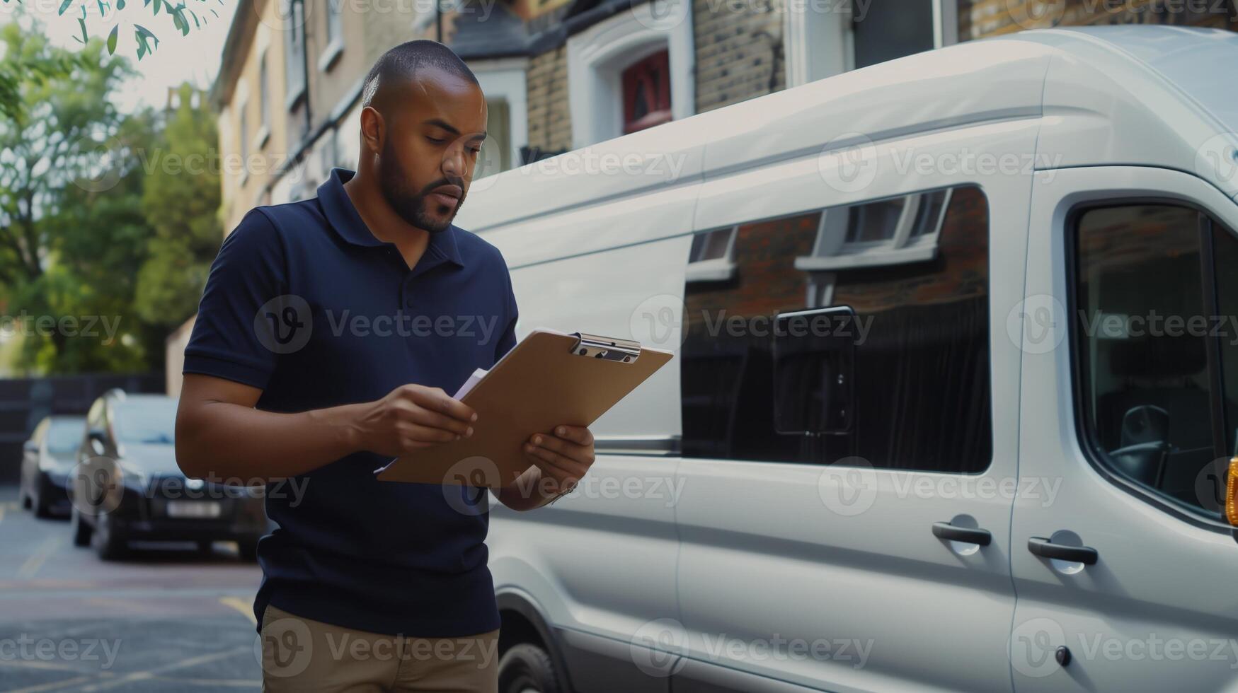 Delivery worker near van checking order in urban setting. Professional logistics service photo