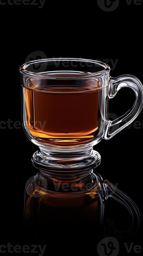Glass cup with tea against a black background, transparency mug and rich color photo