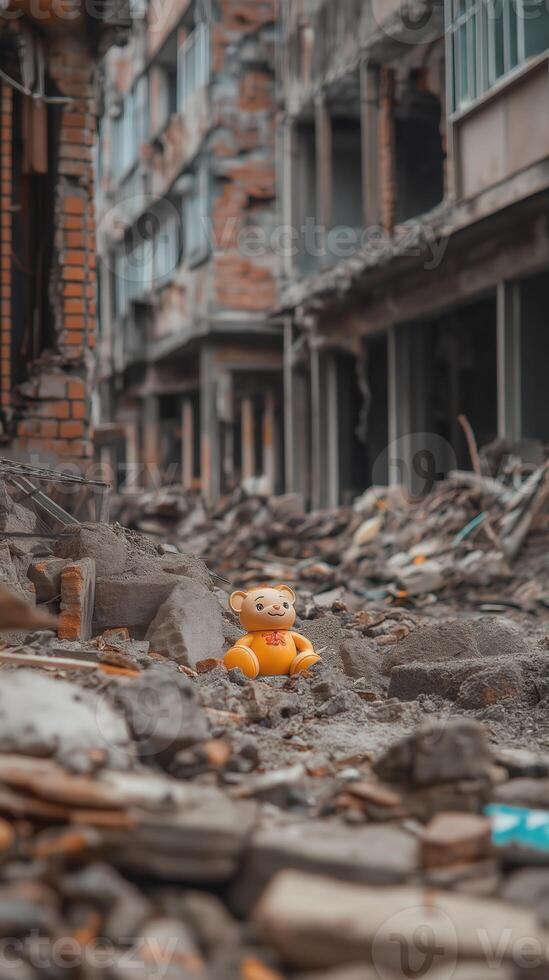 A child toy among rubble and debris of a collapsed building, symbolizing destruction and loss photo