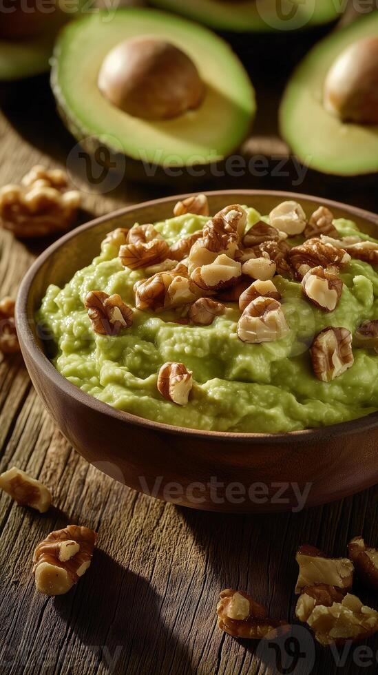Wooden bowl of creamy guacamole topped with crunchy walnut, surrounded by fresh avocado photo